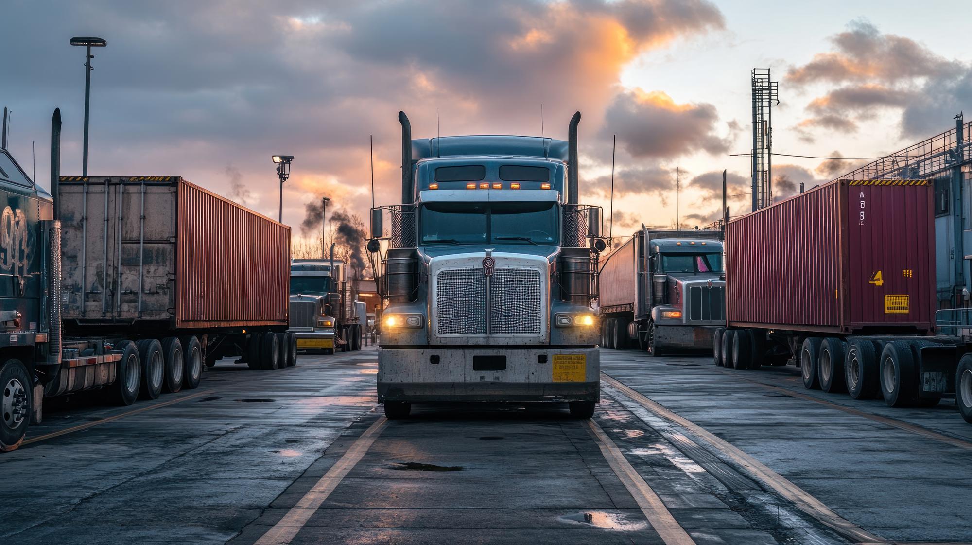 Fila de camiones de carga listos para el despacho terrestre en la terminal